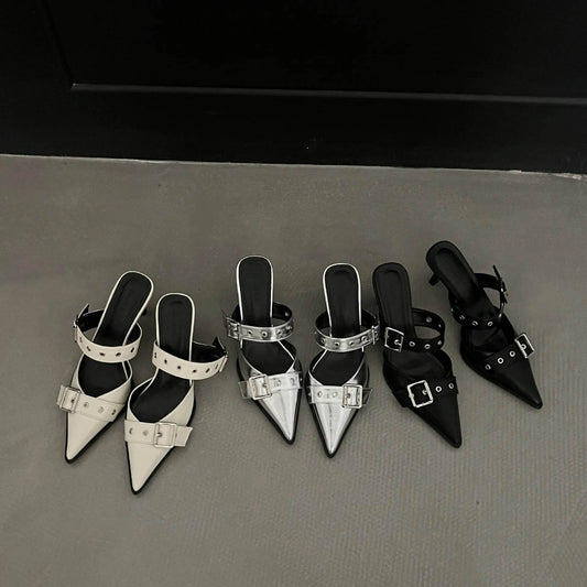 Pointed Toe Flare Heel Buckle Sandals - Ultim8 Designs 4 U