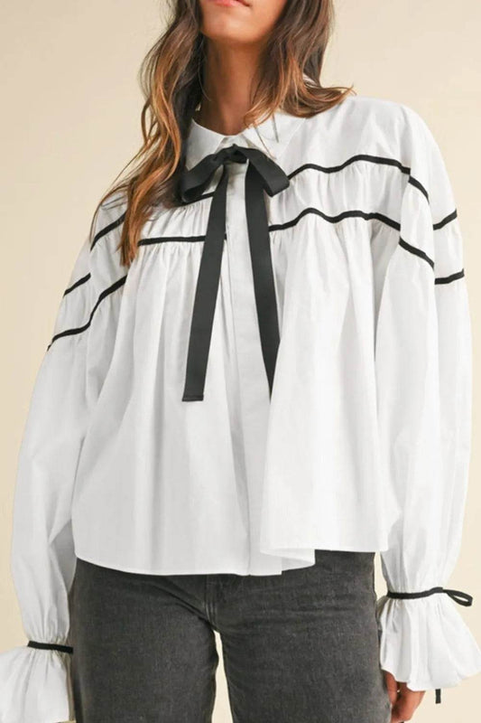 Ribbon Bowtie Collared Neck Flounce Sleeve Shirt - Ultim8 Designs 4 U