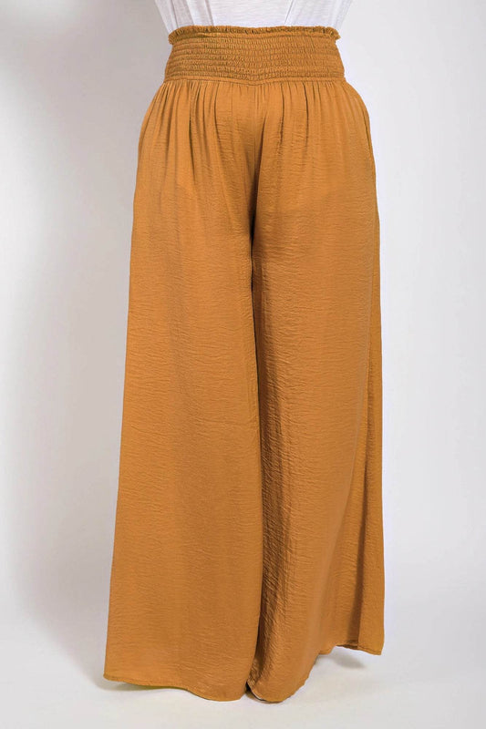 Washed Satin Wide Pants With Waist Smocked - Ultim8 Designs 4 U