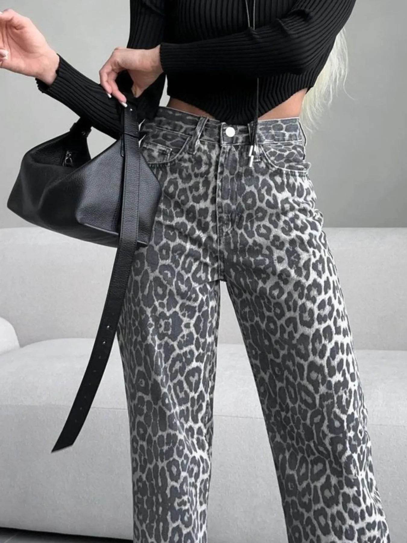 High-Waisted Leopard Print Flare Jeans - Ultim8 Designs 4 U