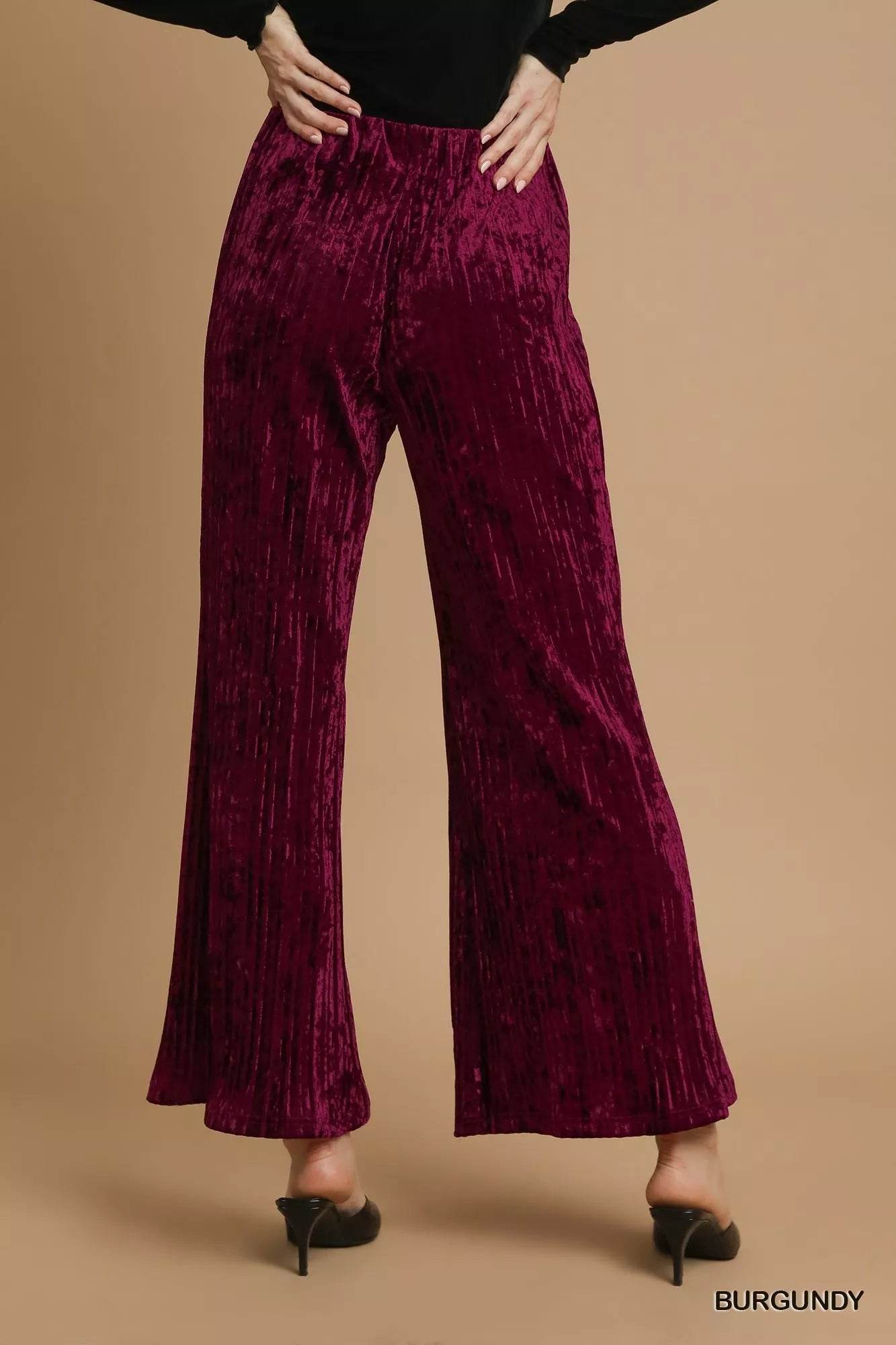 Umgee Velvet Pleated Wide Leg Pants - Ultim8 Designs 4 U