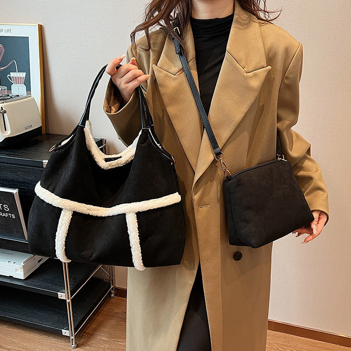 Handbags - Totes - 2pcs Women Plush Casual Large-Capacity Suede Winter