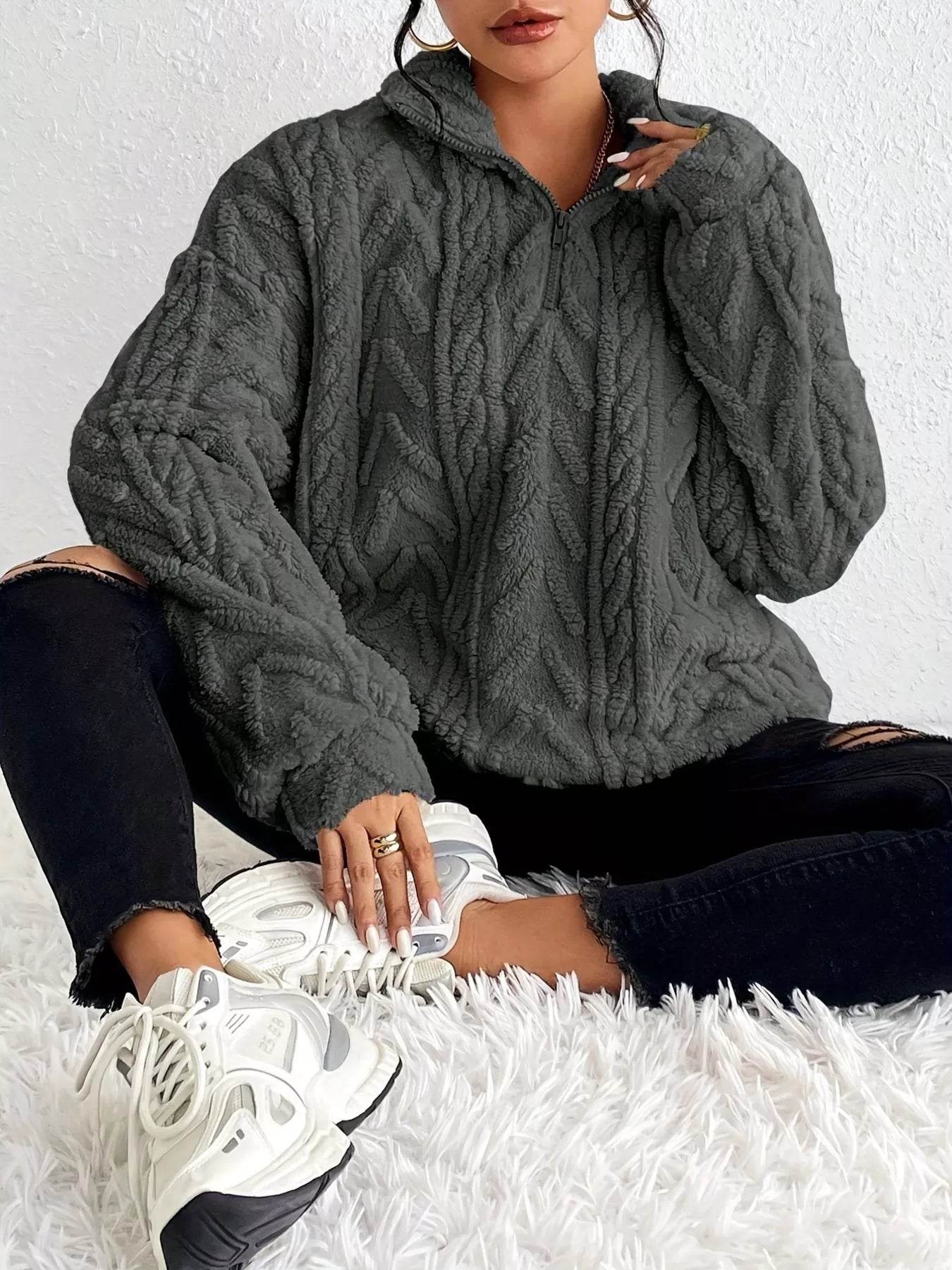 Quarter Zip Dropped Shoulder Sherpa Sweatshirt - Ultim8 Designs 4 U