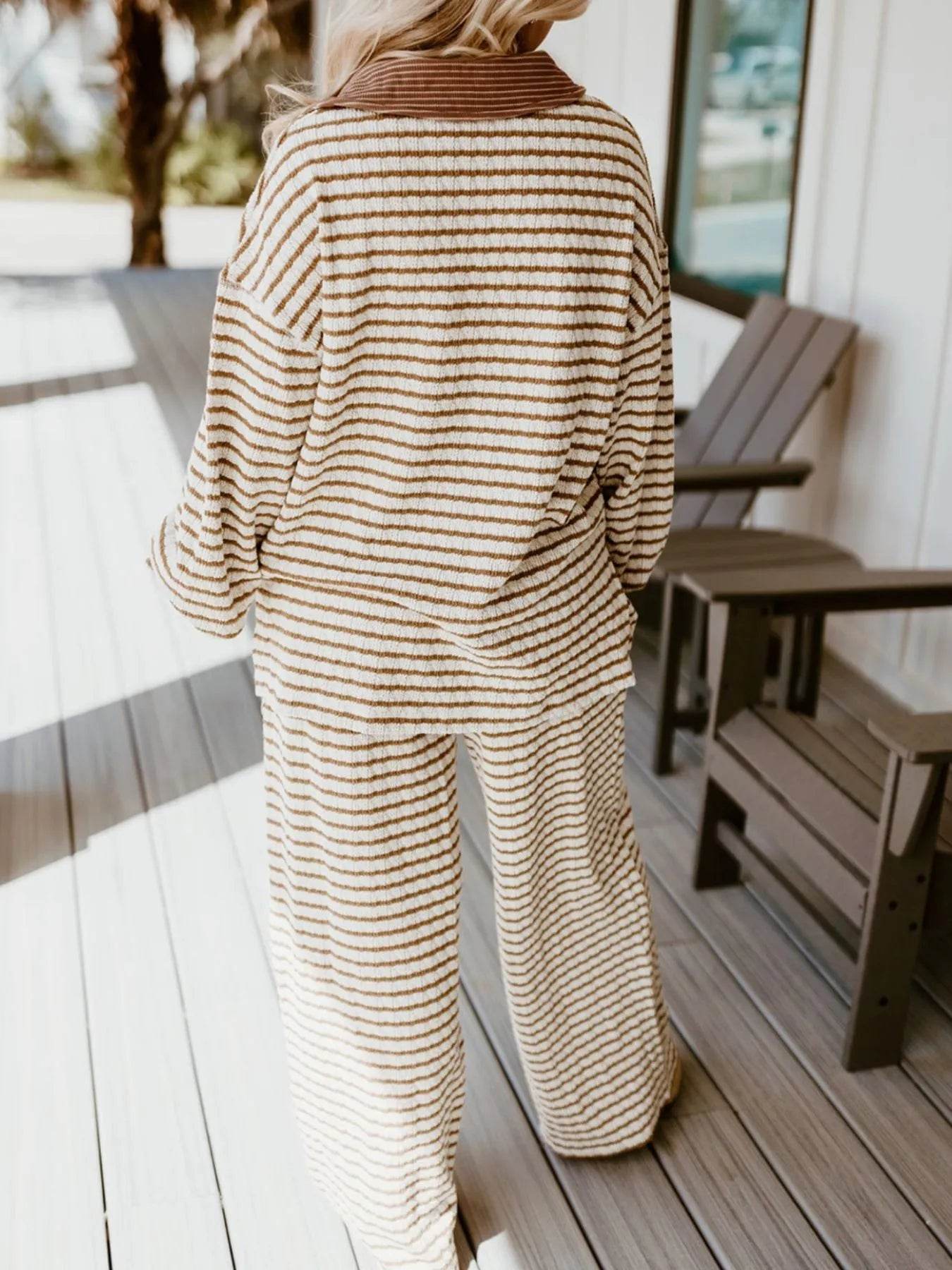 Stripe Collared Top and Drawstring Pant Set - Ultim8 Designs 4 U