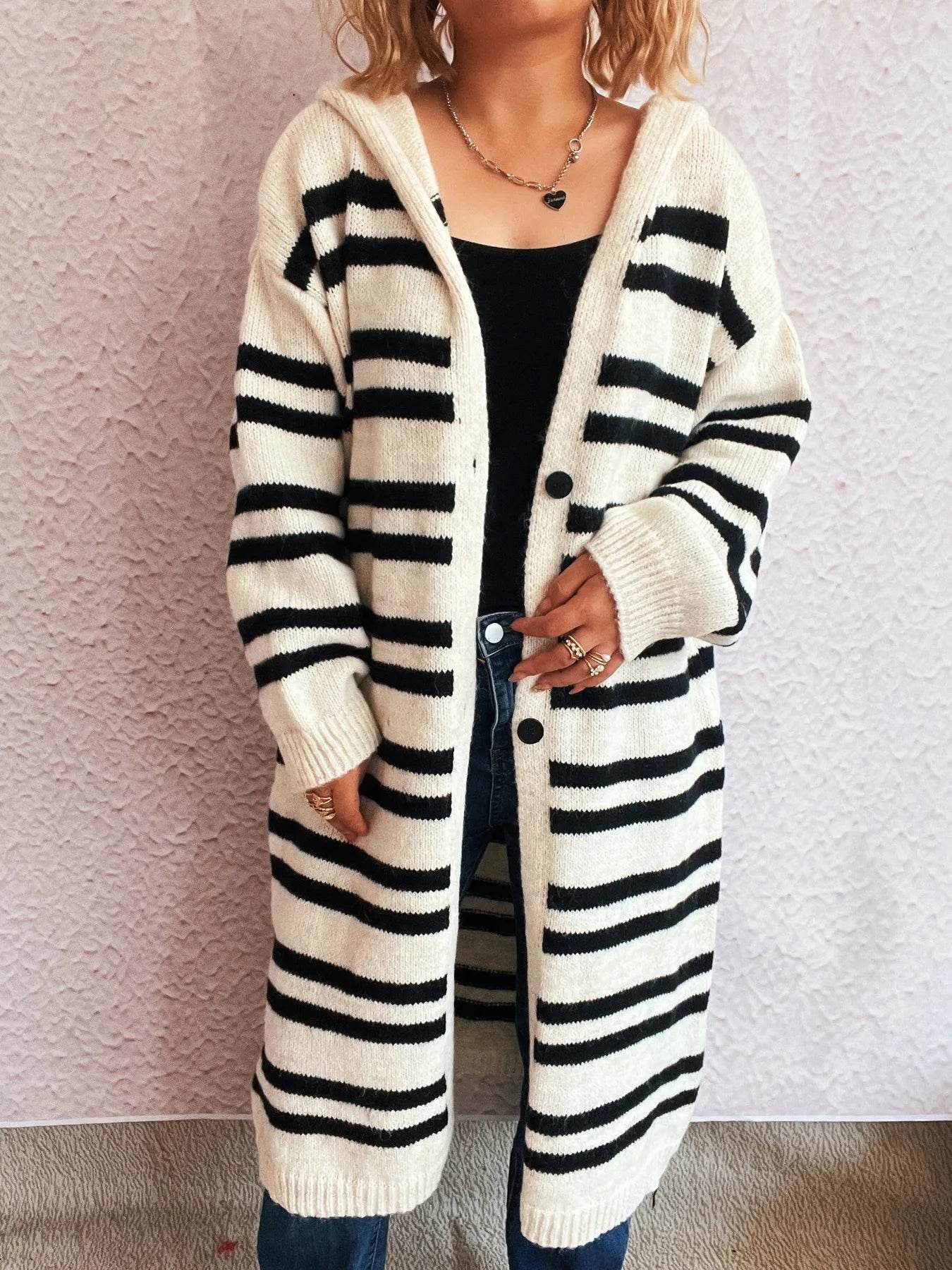 Striped Open Front Hooded Cardigan - Ultim8 Designs 4 U