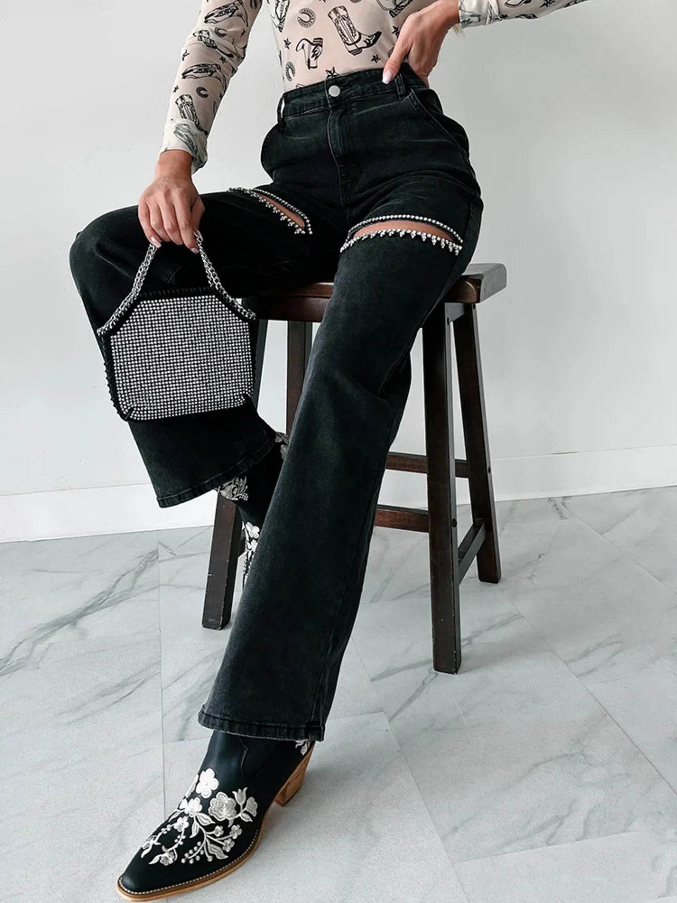 Ripped Wide Leg Wash Denim Jeans - Ultim8 Designs 4 U