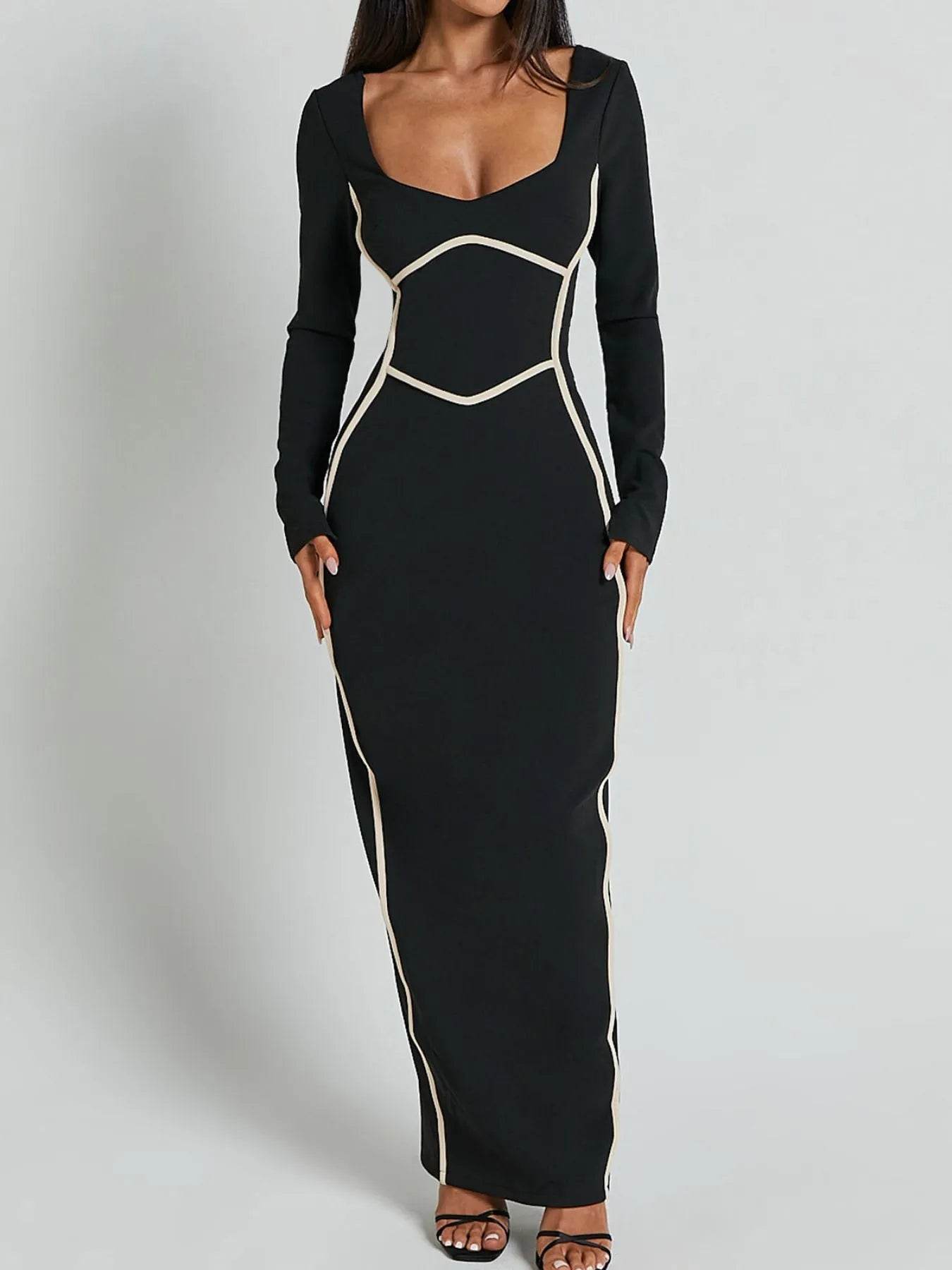 Contrast Trim Long Sleeve Bodycon Maxi Dress - Ultim8 Designs 4 U