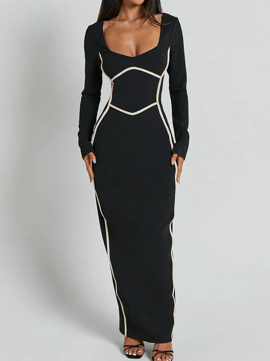 Contrast Trim Long Sleeve Bodycon Maxi Dress - Ultim8 Designs 4 U