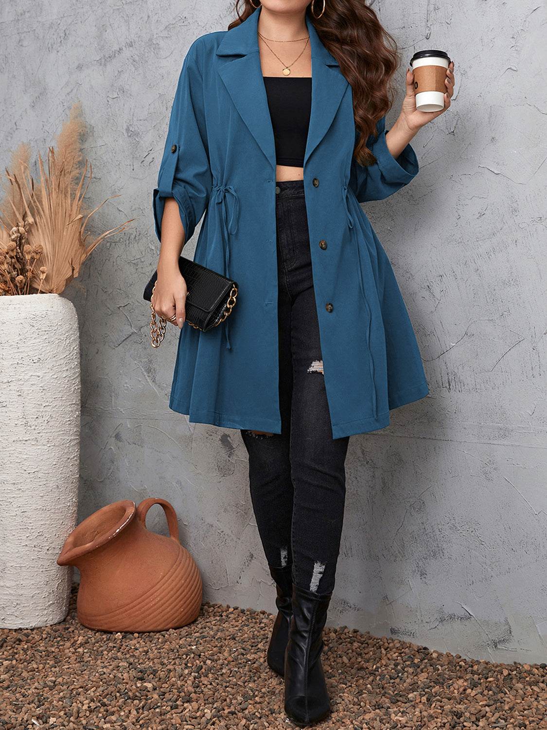 Honey Plus Size Lapel Collar Drawstring Roll-Tab Sleeve Trench Coat - Ultim8 Designs 4 U