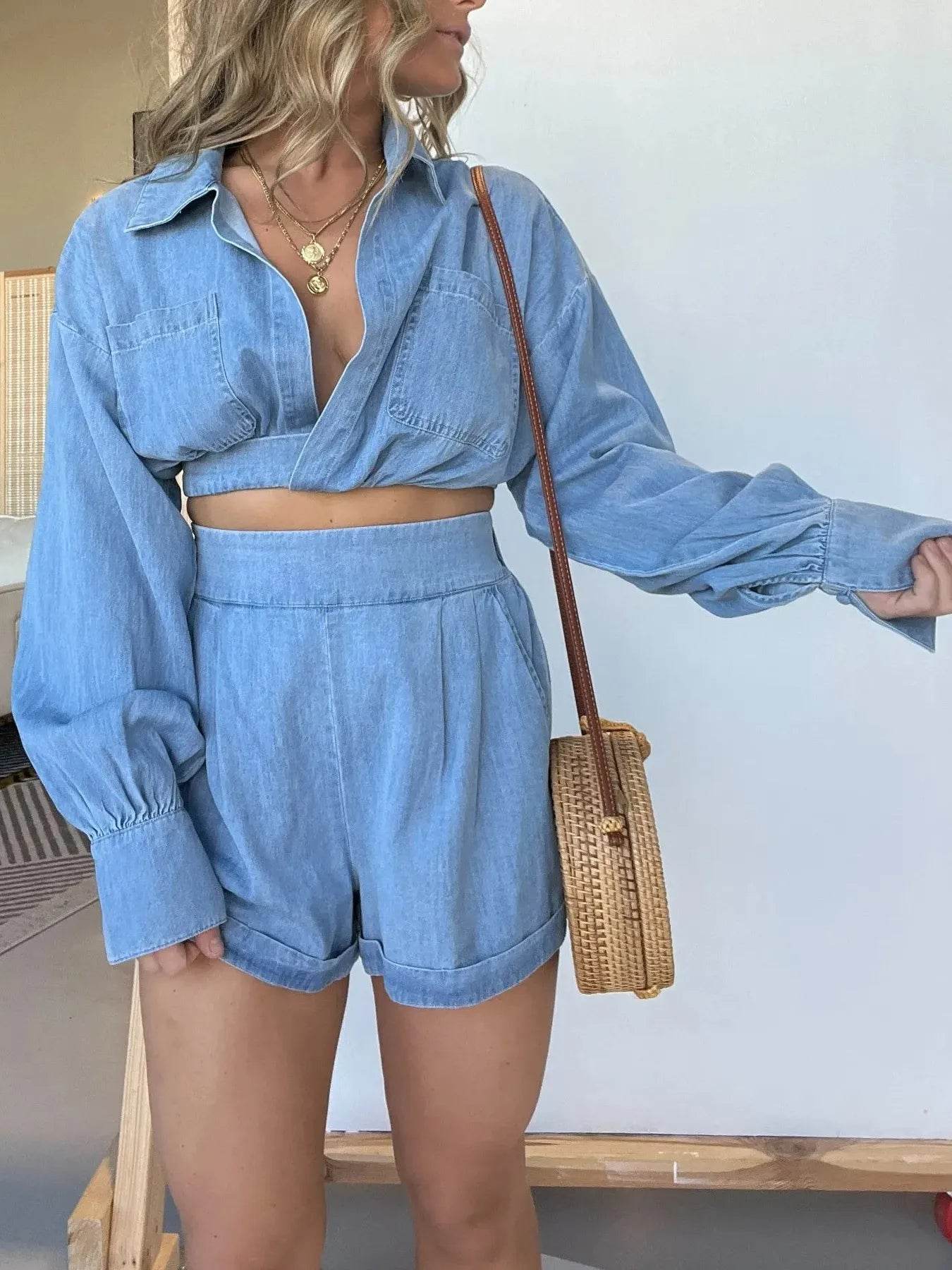 Full Size Long Sleeve Top and Shorts Denim Set Plus Size - Ultim8 Designs 4 U