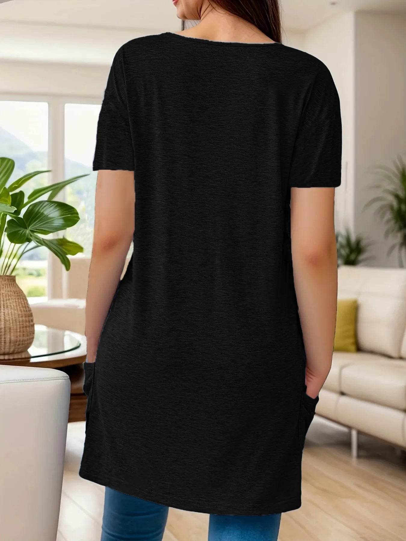 Full Size V-Neck Pocket Front Asymmetric Hem T-Shirt Plus Size - Ultim8 Designs 4 U