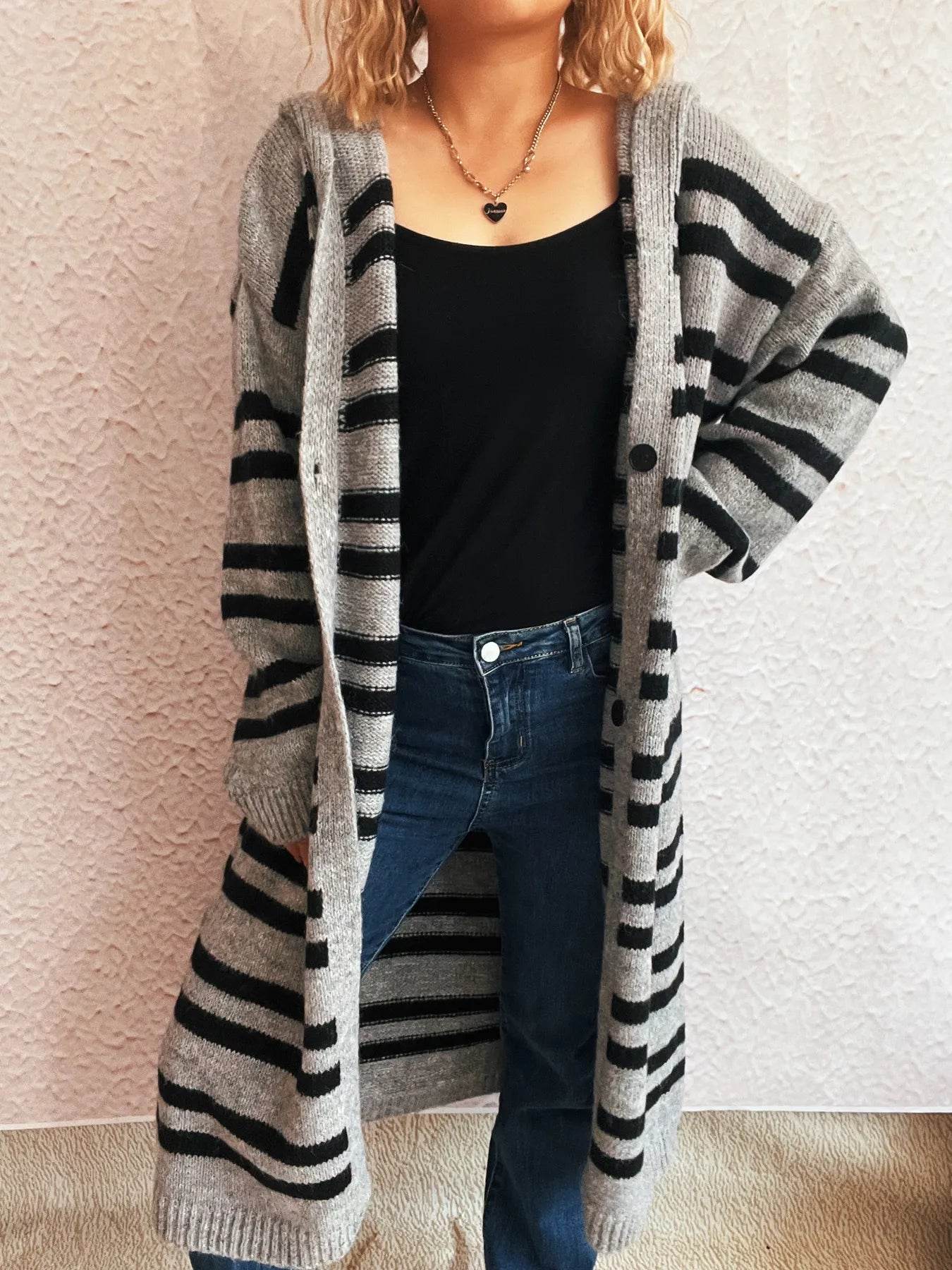 Striped Open Front Hooded Cardigan - Ultim8 Designs 4 U