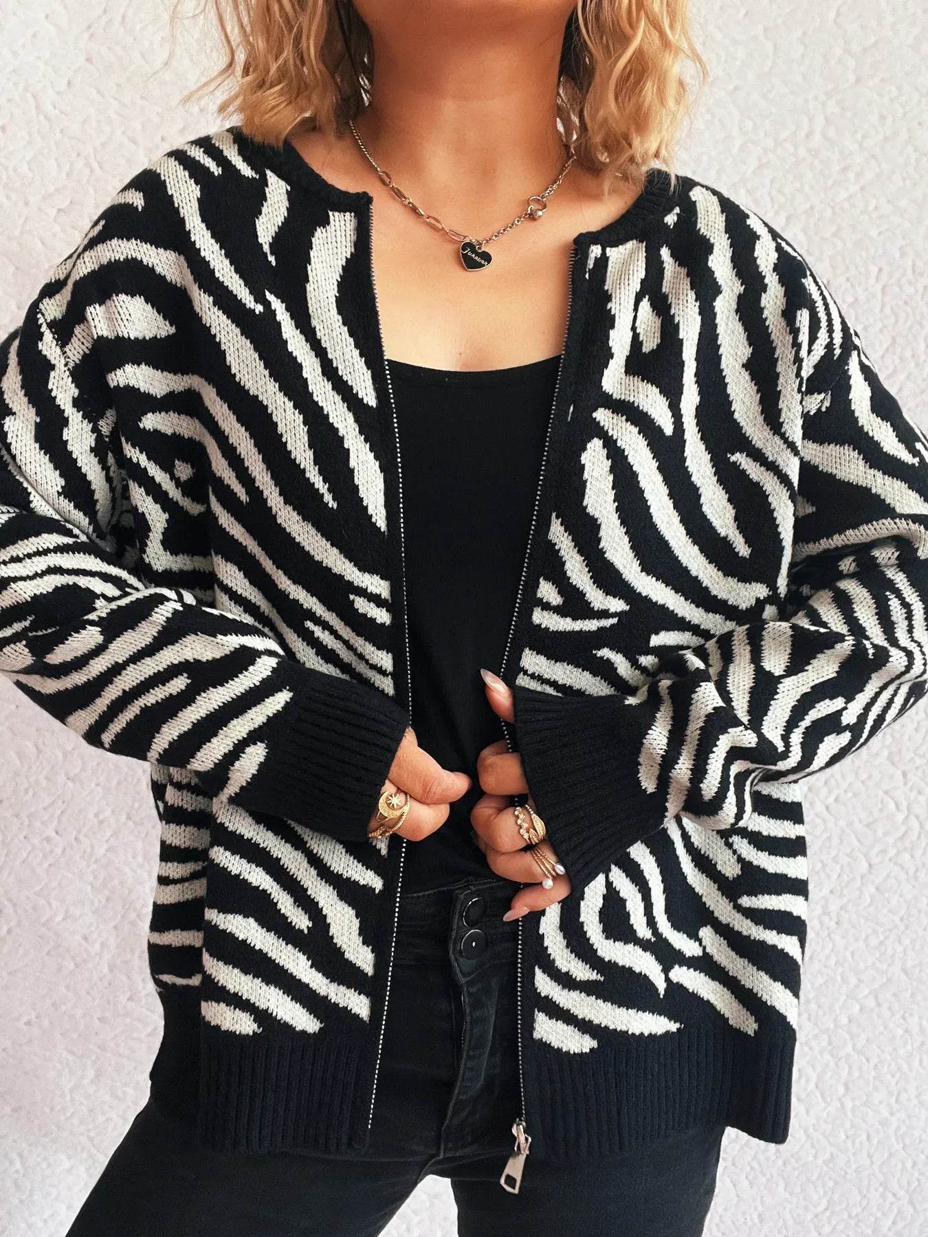 Zebra Print Zip Up Cardigan - Ultim8 Designs 4 U