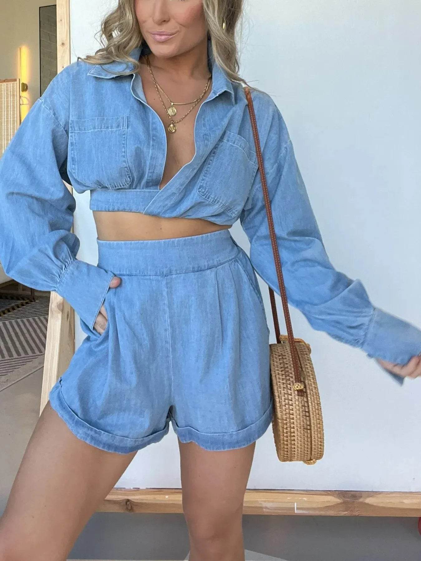 Full Size Long Sleeve Top and Shorts Denim Set Plus Size - Ultim8 Designs 4 U