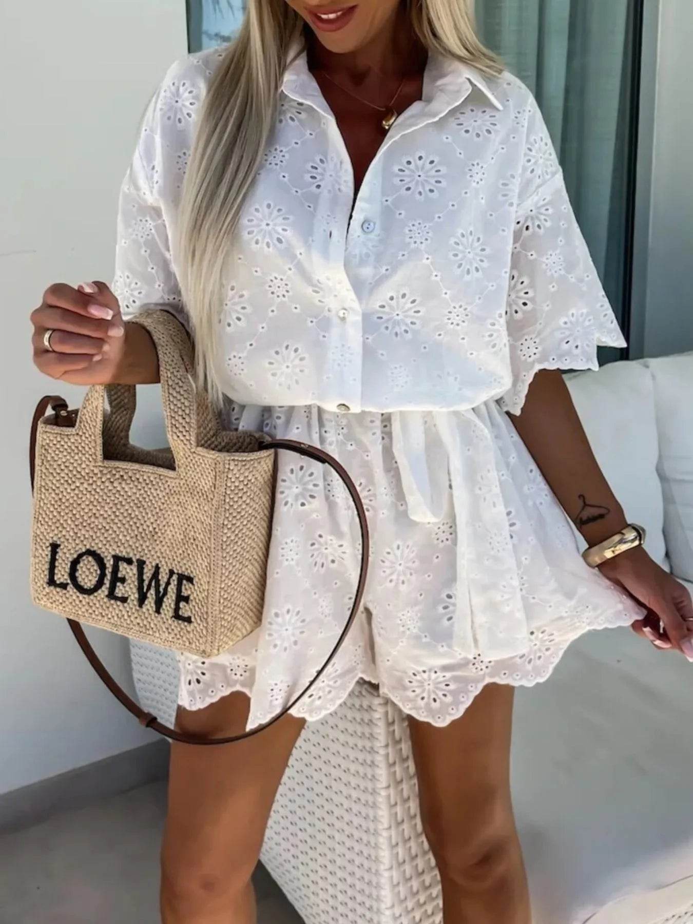 Eyelet Lace Button-Up Romper - Ultim8 Designs 4 U