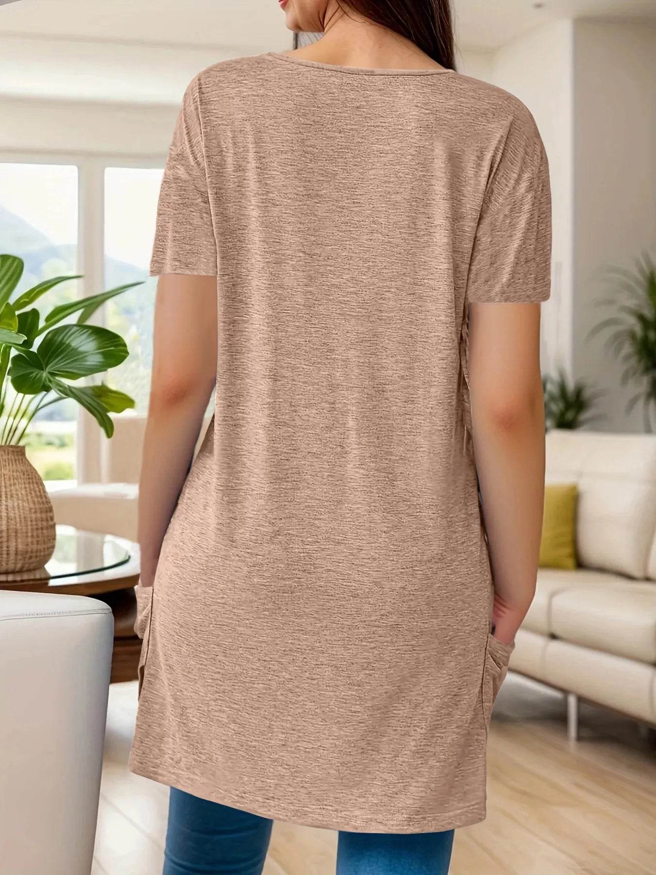 Full Size V-Neck Pocket Front Asymmetric Hem T-Shirt Plus Size - Ultim8 Designs 4 U