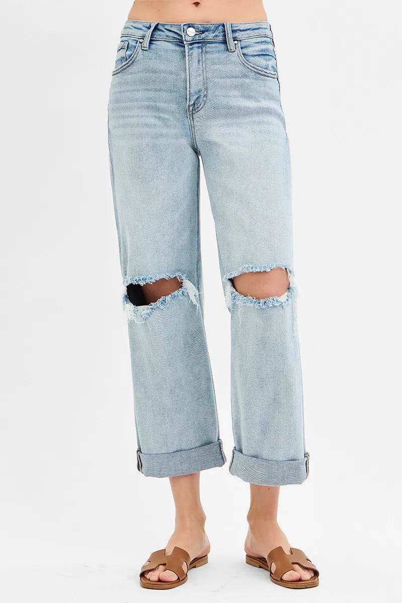 RISEN Full Size Mid Rise Fit Boyfriend Jeans with Cuff Plus Size - Ultim8 Designs 4 U