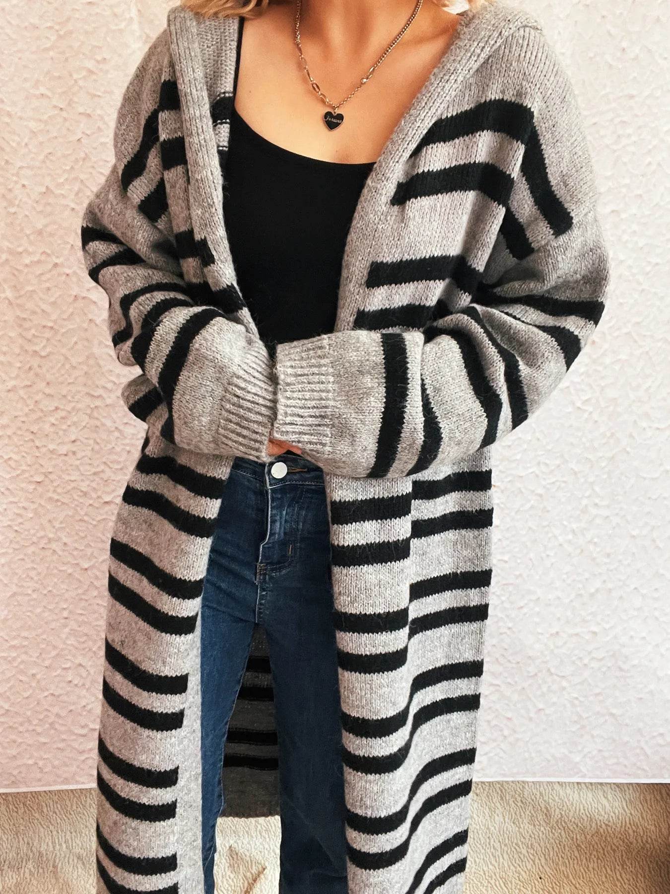 Striped Open Front Hooded Cardigan - Ultim8 Designs 4 U