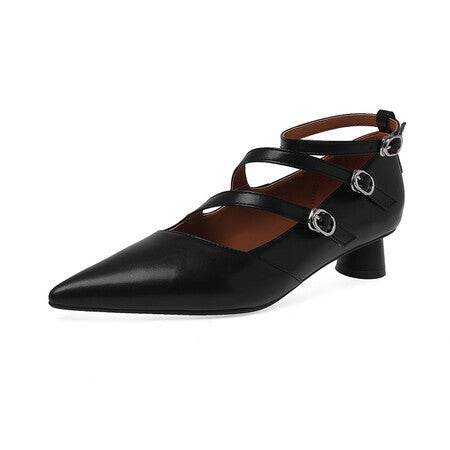 Full Leather Inside And Outside Thick Heel Pointed Buckle Leather Shoes - Ultim8 Designs 4 U