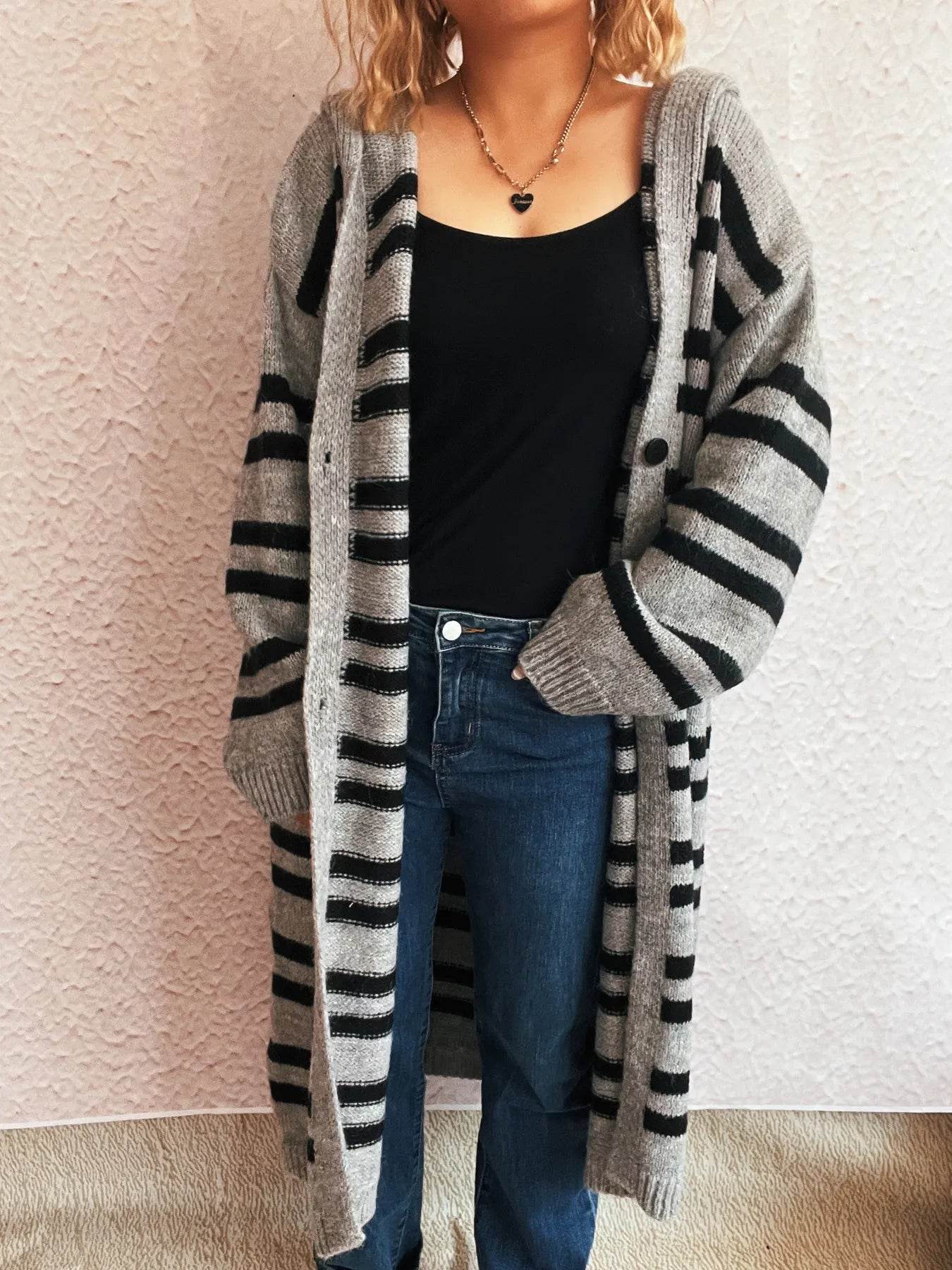 Striped Open Front Hooded Cardigan - Ultim8 Designs 4 U