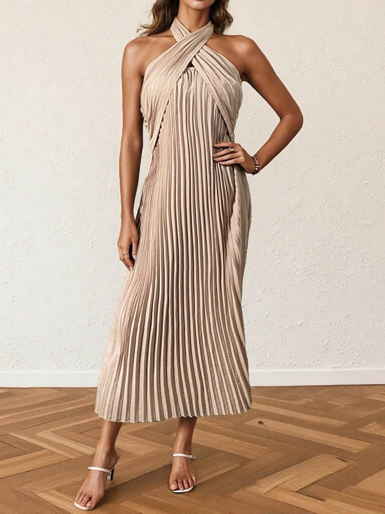 Pleated Halter Neck Midi Dress - Ultim8 Designs 4 U
