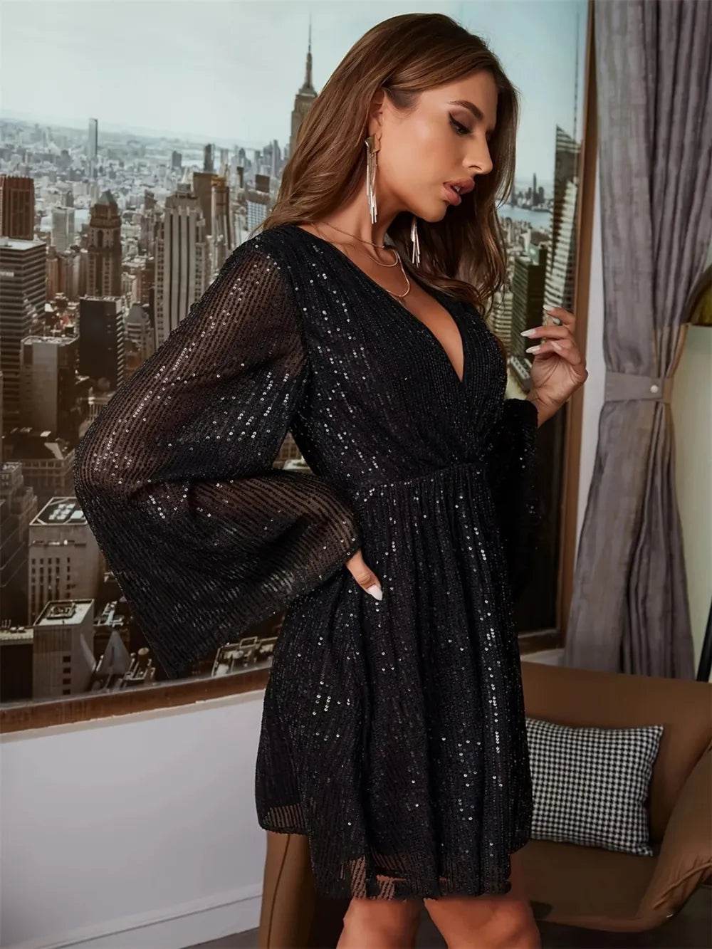 Sequin Surplice Long Sleeve Dress - Ultim8 Designs 4 U