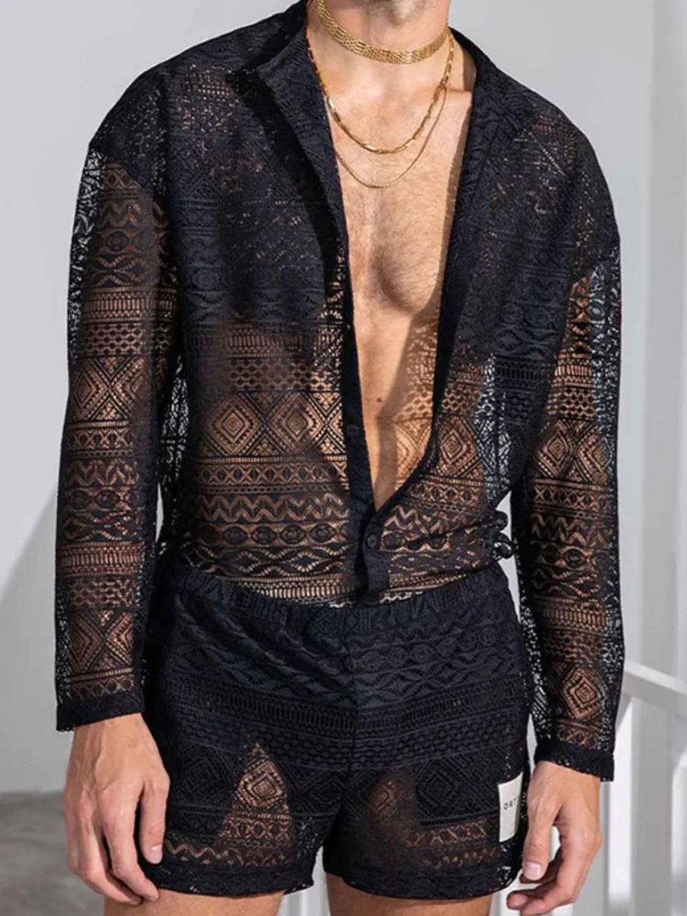 Men's Full Size Lace Button Down Top and Shorts Set Plus Size - Ultim8 Designs 4 U