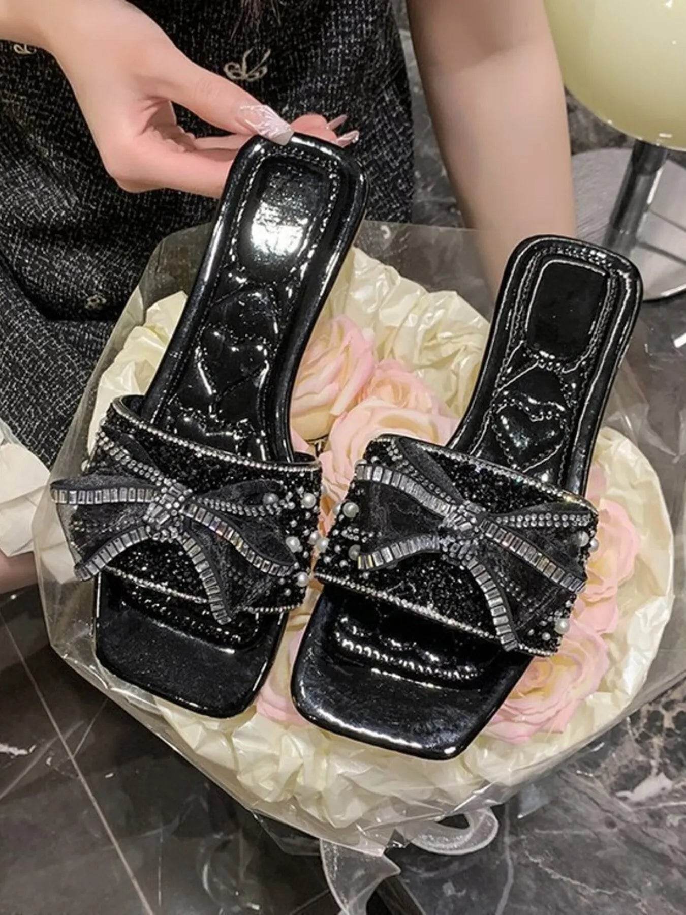 Rhinestone Pearl Embellished Bow Sandals - Ultim8 Designs 4 U