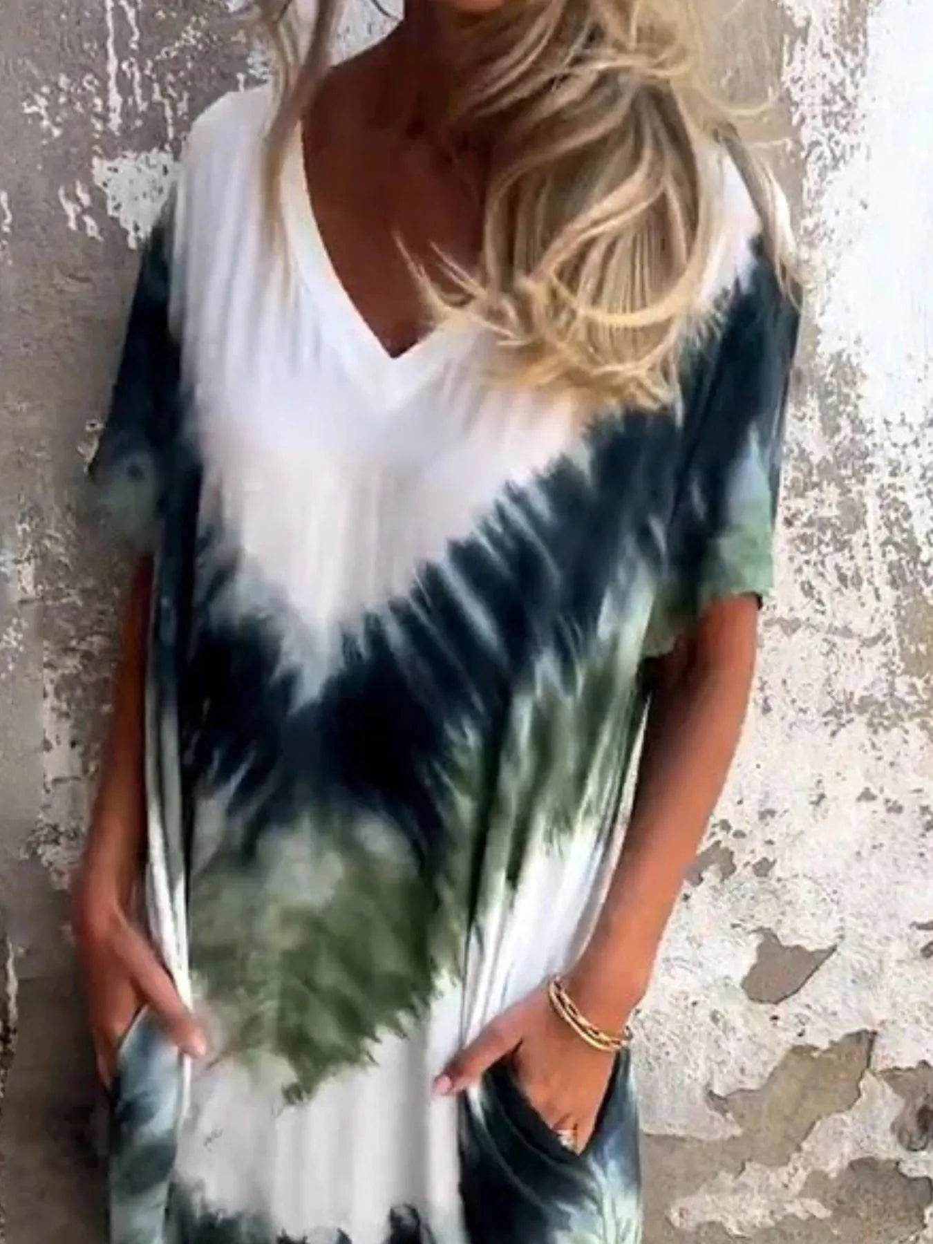 Full Size Tie-Dye V-Neck Midi Dress with Pockets Plus Size - Ultim8 Designs 4 U