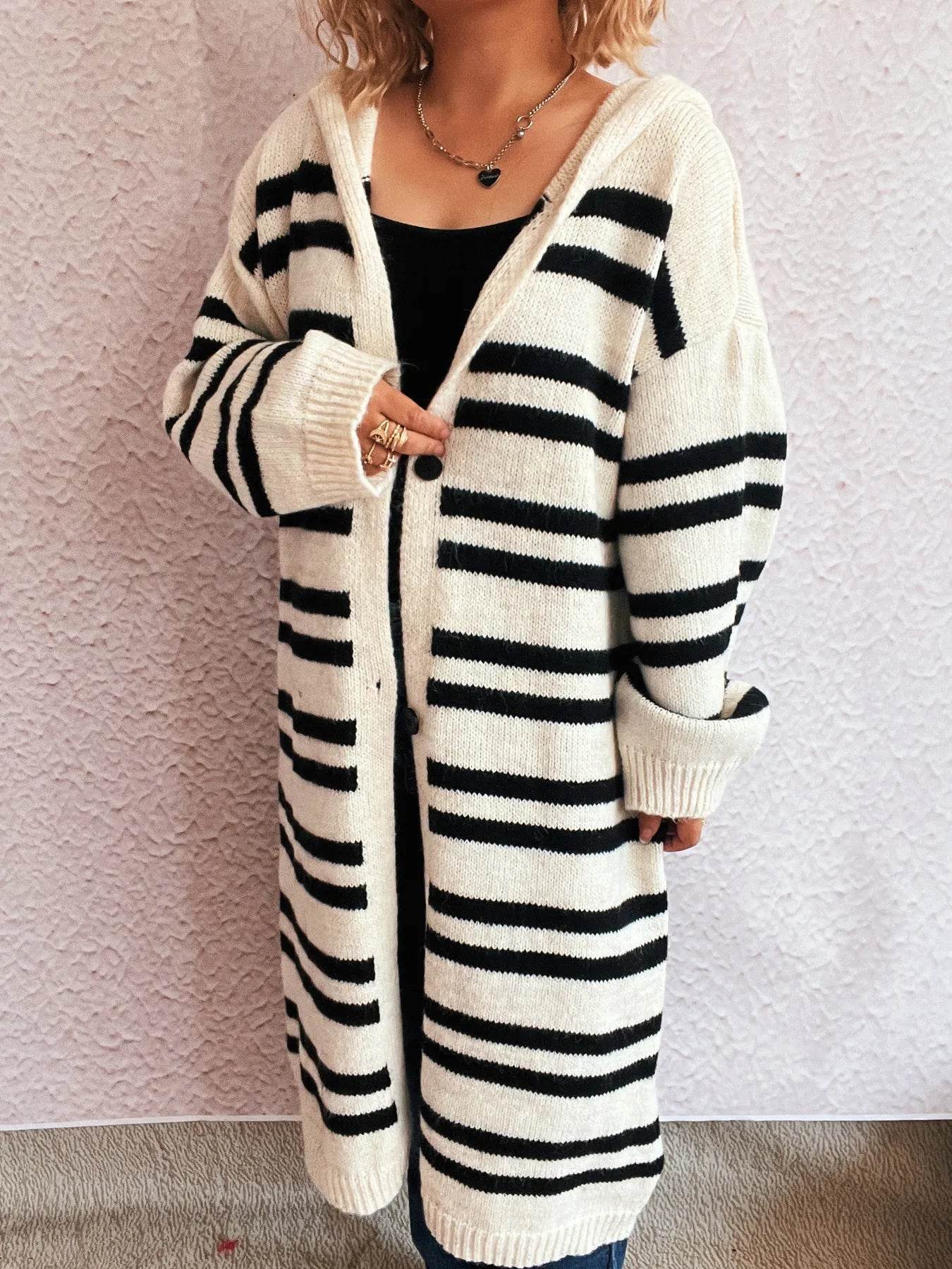 Striped Open Front Hooded Cardigan - Ultim8 Designs 4 U
