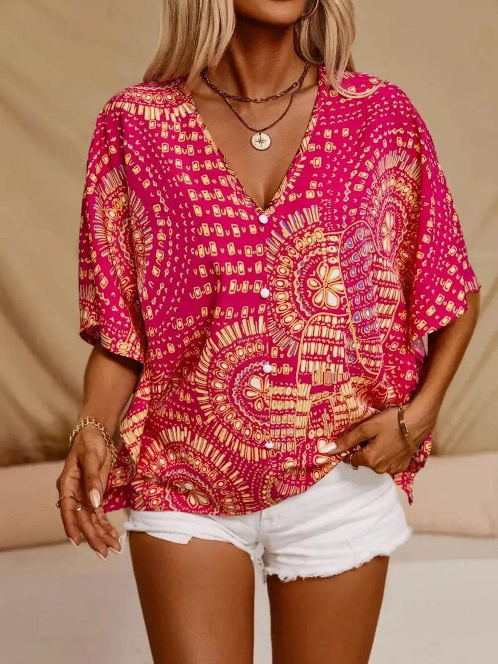 Printed V-Neck Half Sleeve Top - Ultim8 Designs 4 U
