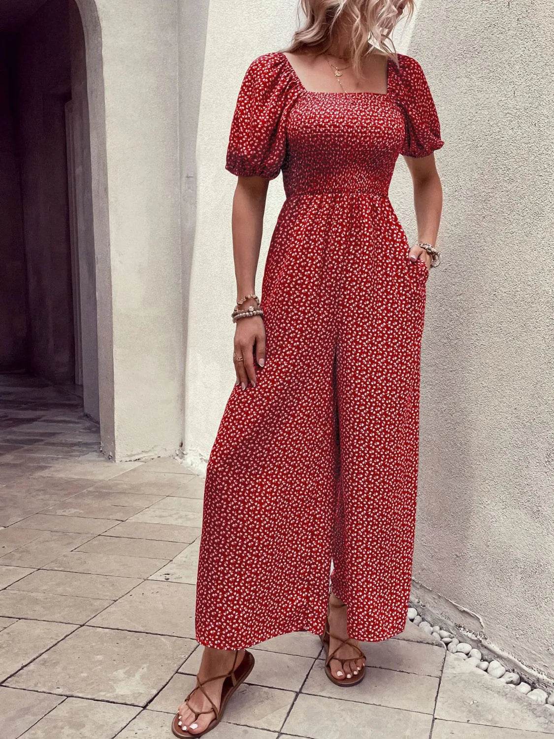 Printed Square Neck Puff Sleeve Jumpsuit - Ultim8 Designs 4 U