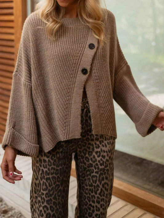 Asymmetrical Button Detail Sweater - Ultim8 Designs 4 U