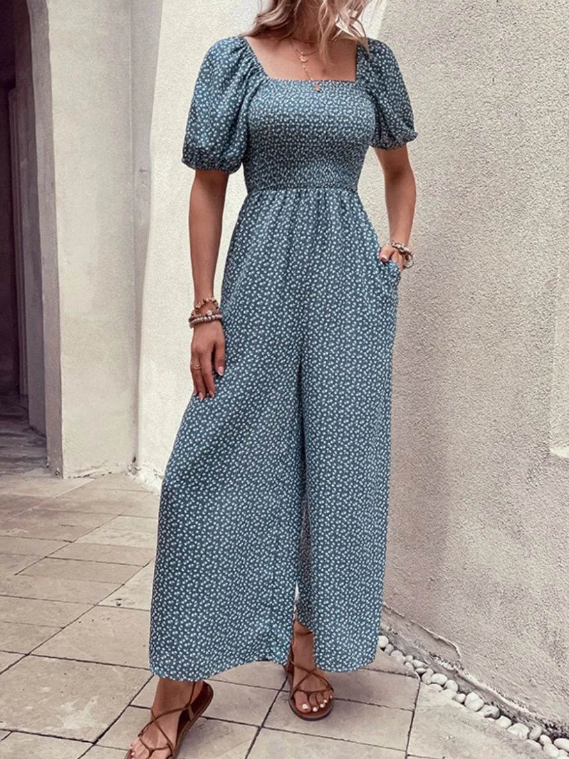 Printed Square Neck Puff Sleeve Jumpsuit - Ultim8 Designs 4 U