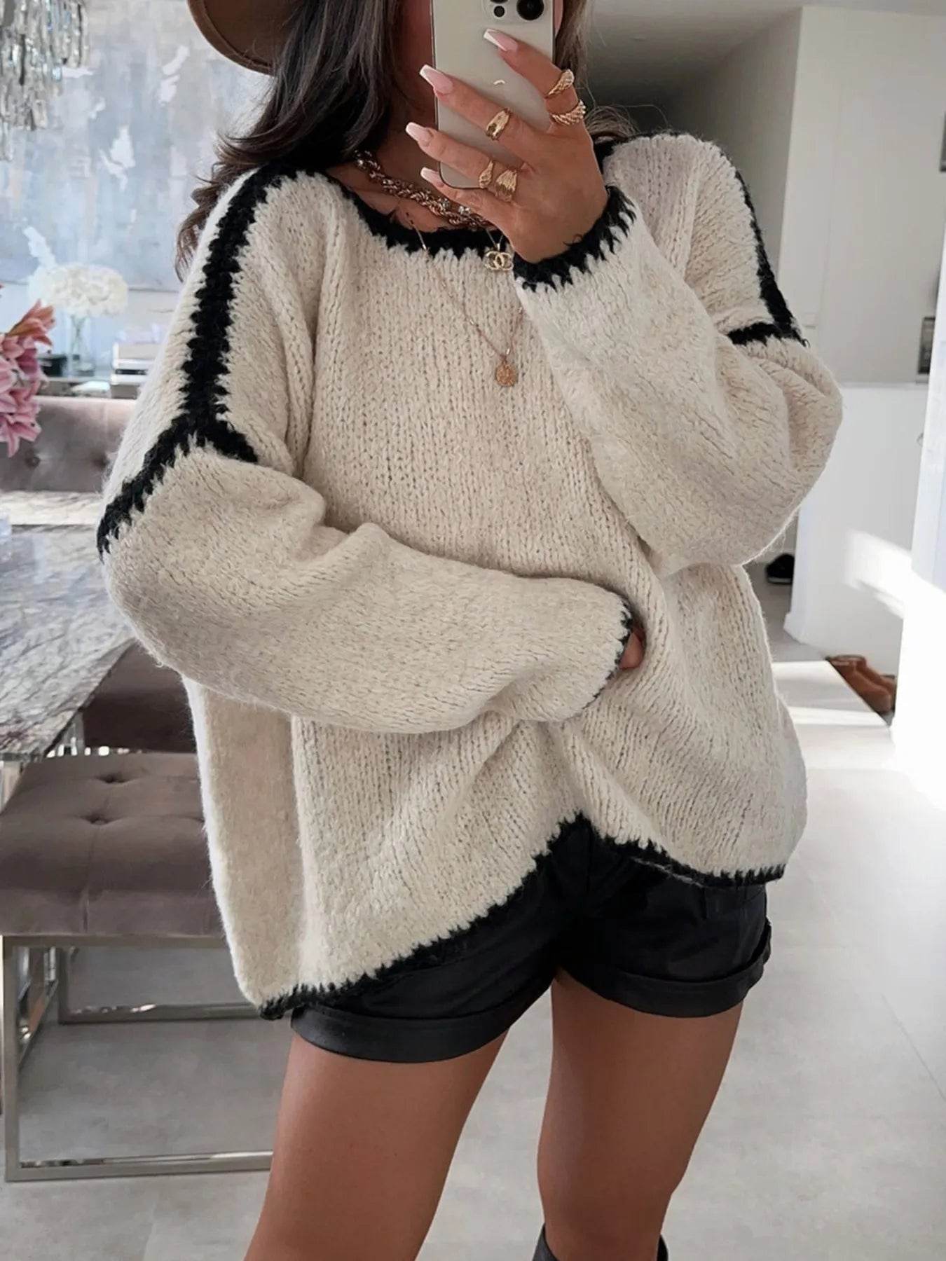 Contrast Trim Oversized Sweater - Ultim8 Designs 4 U