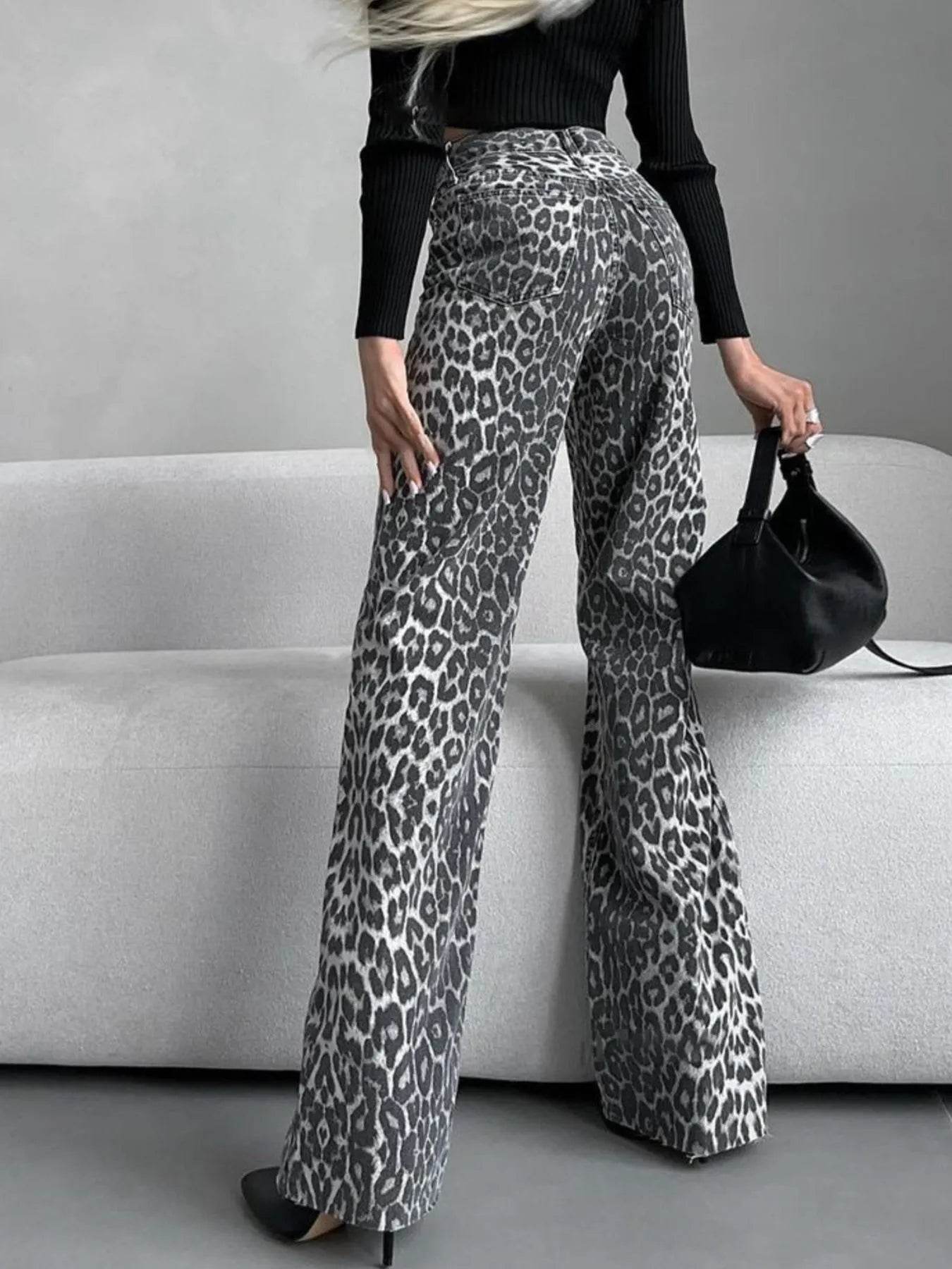 High-Waisted Leopard Print Flare Jeans - Ultim8 Designs 4 U