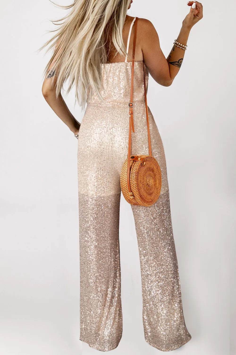 Sequin Spaghetti Strap Wide Leg Jumpsuit - Ultim8 Designs 4 U