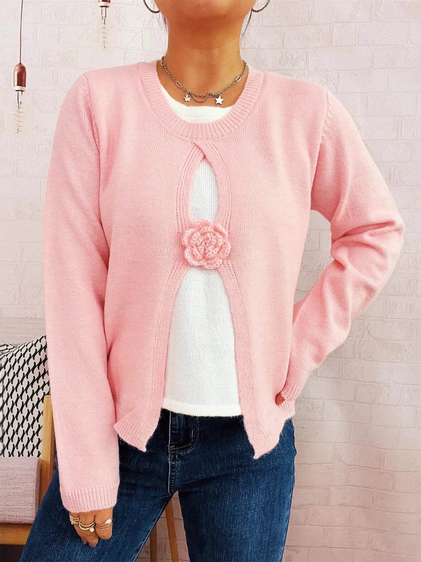 Flower Contrast Round Neck Sweater - Ultim8 Designs 4 U