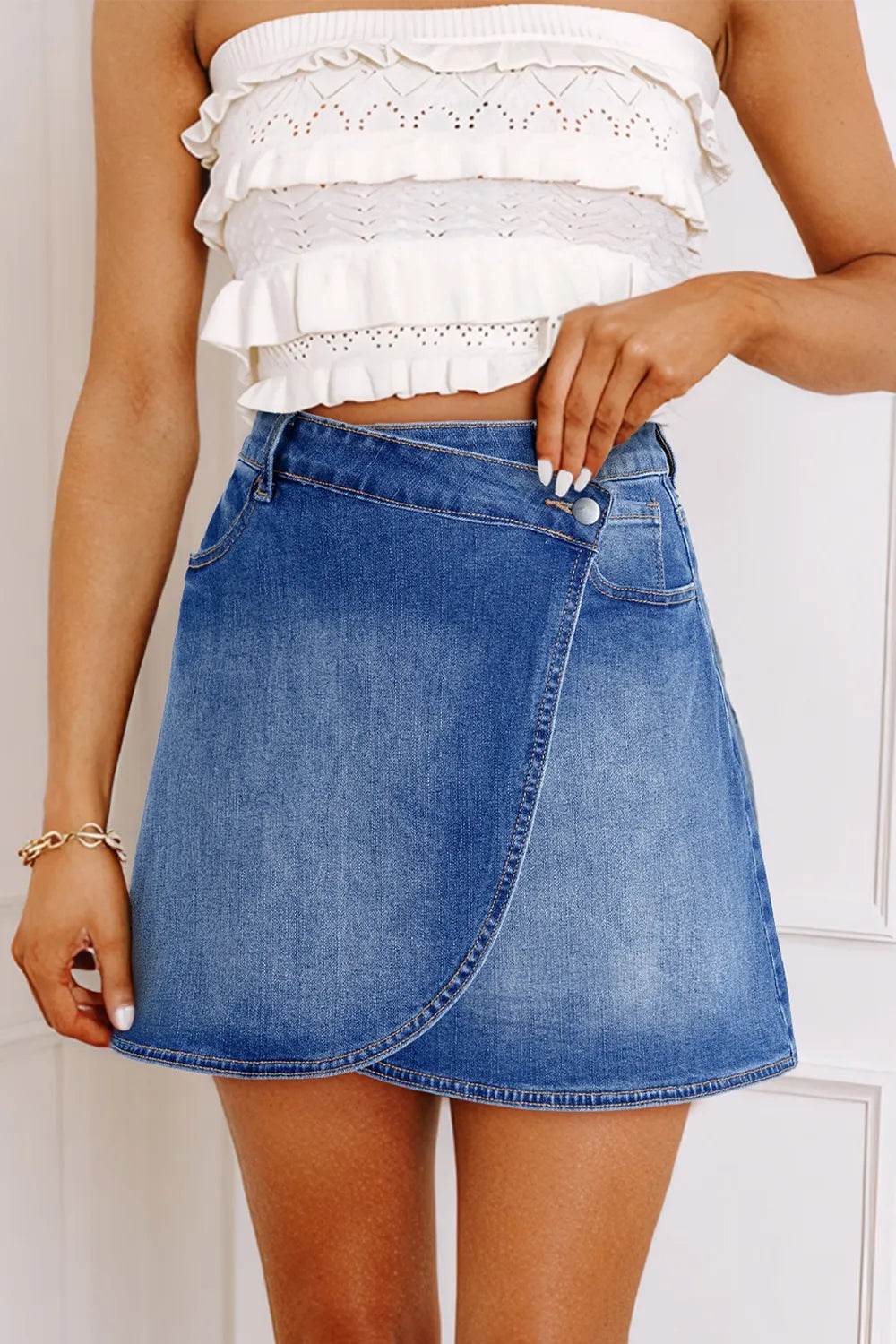 Wrapped Crossed Waist Denim Mini Skirt - Ultim8 Designs 4 U