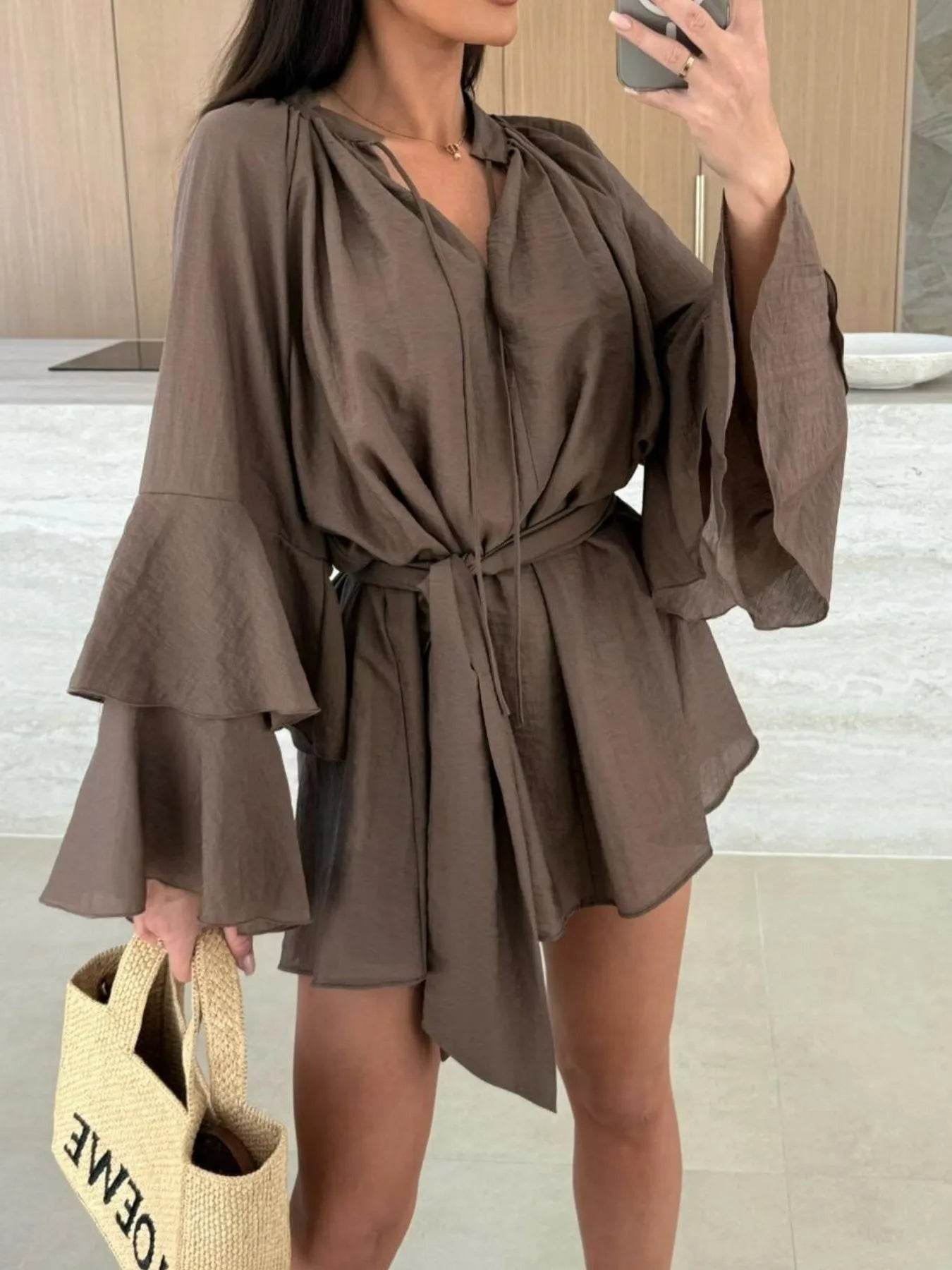 Bell Sleeve Tie Waist Mini Shirt Dress - Ultim8 Designs 4 U