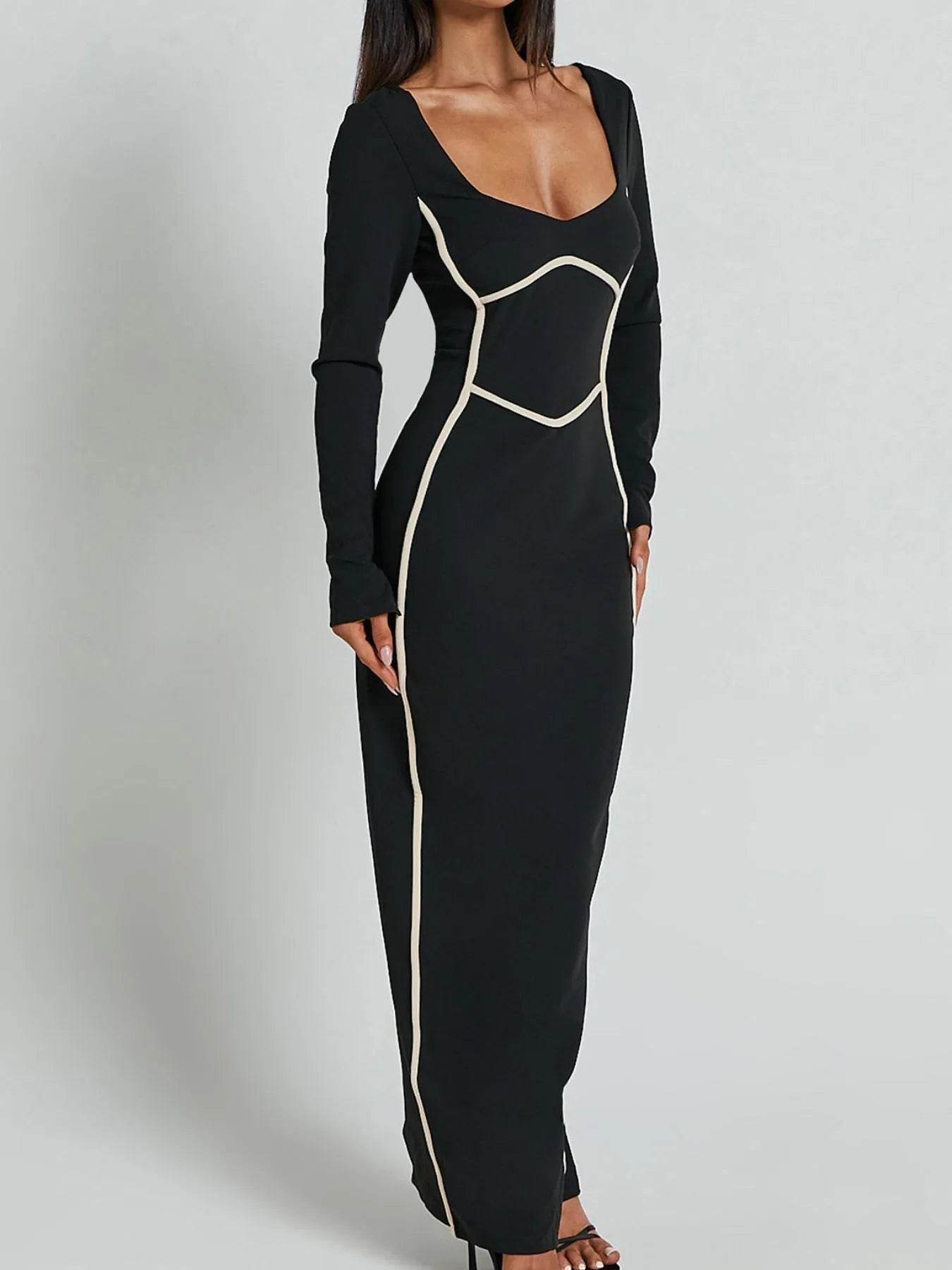Contrast Trim Long Sleeve Bodycon Maxi Dress - Ultim8 Designs 4 U