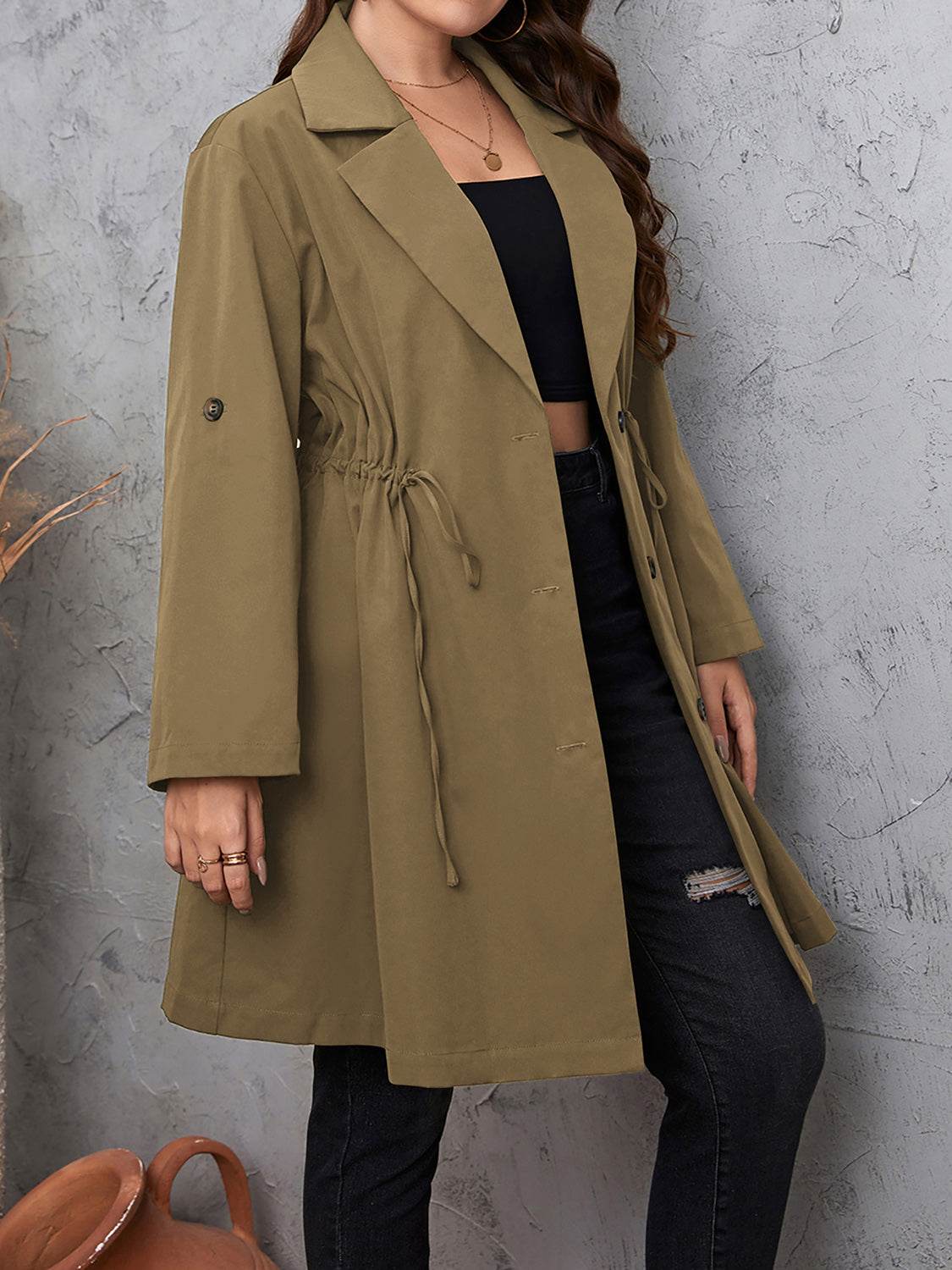 Honey Plus Size Lapel Collar Drawstring Roll-Tab Sleeve Trench Coat - Ultim8 Designs 4 U