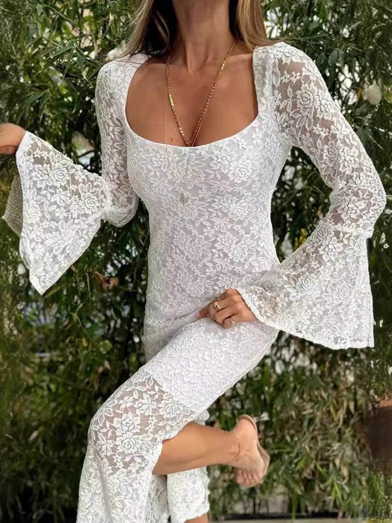 Lace Bell Sleeve Square Neck Bodycon Dress - Ultim8 Designs 4 U