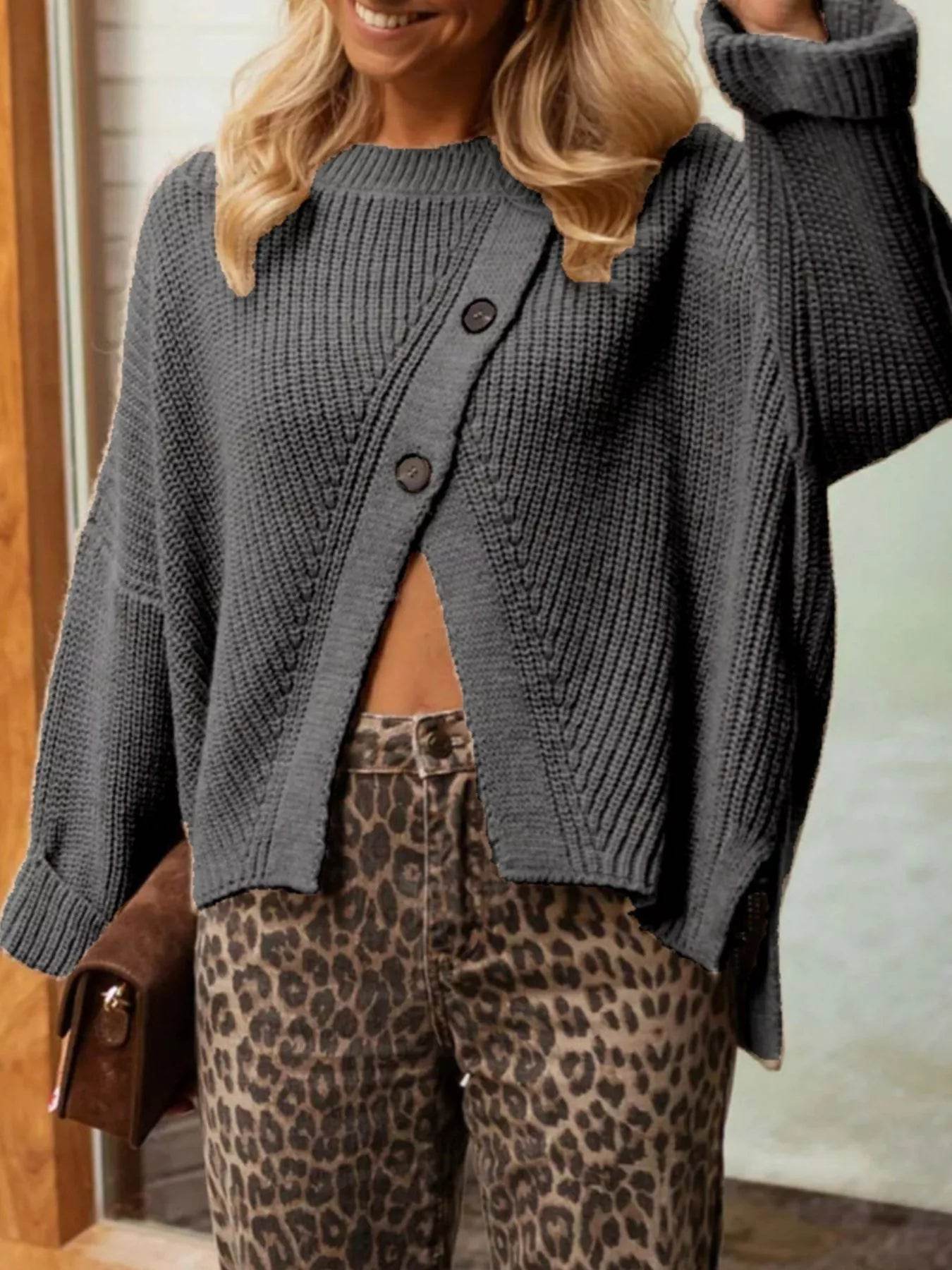 Asymmetrical Button Detail Sweater - Ultim8 Designs 4 U