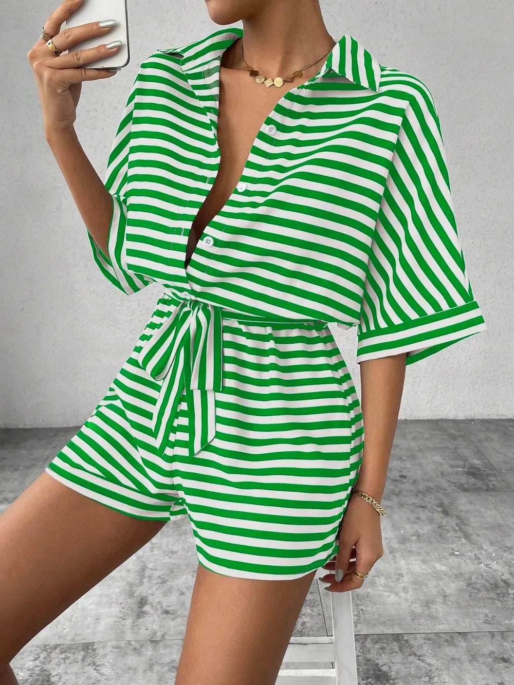 Tie Waist Half Button Striped Romper - Ultim8 Designs 4 U