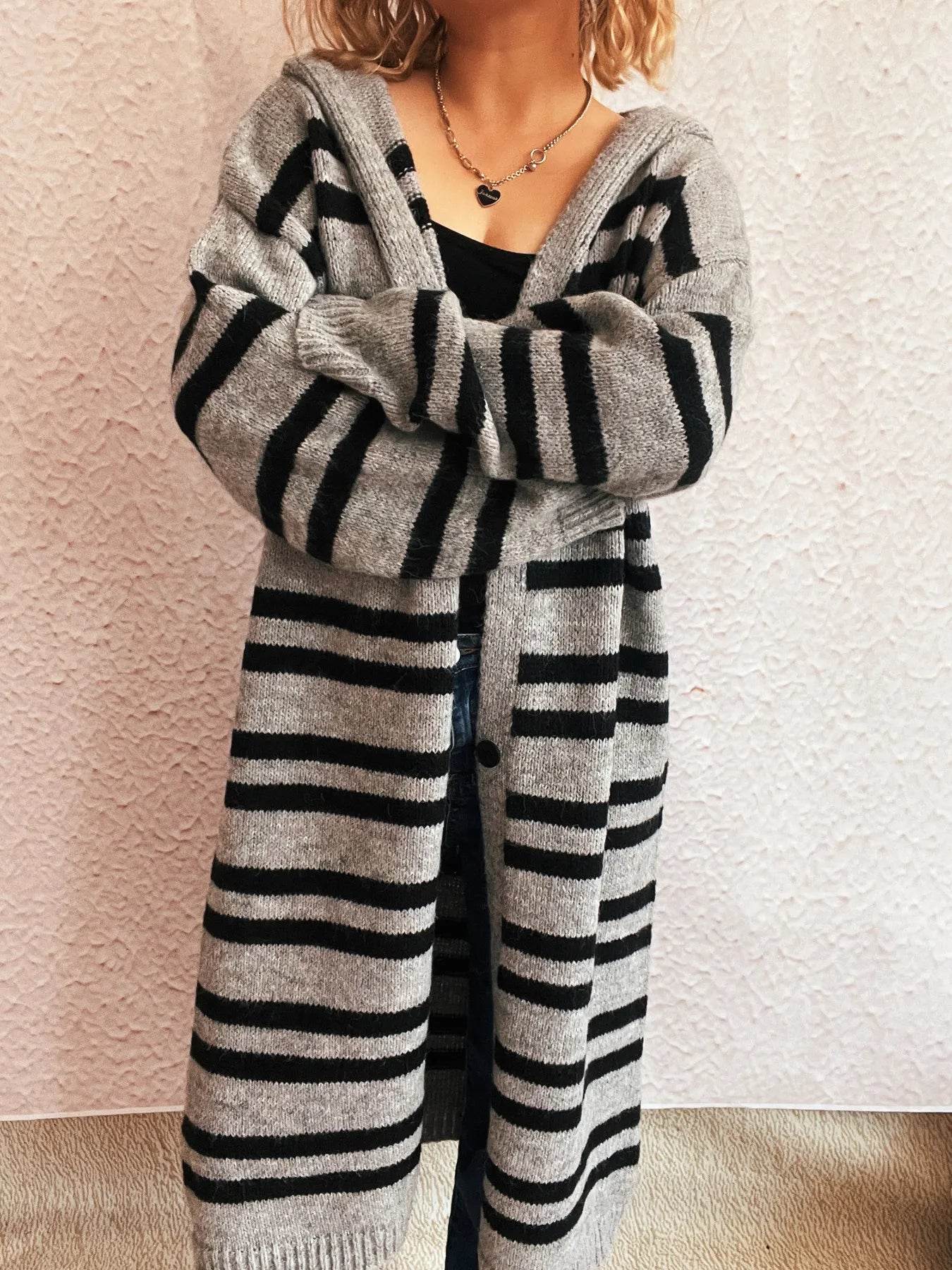 Striped Open Front Hooded Cardigan - Ultim8 Designs 4 U