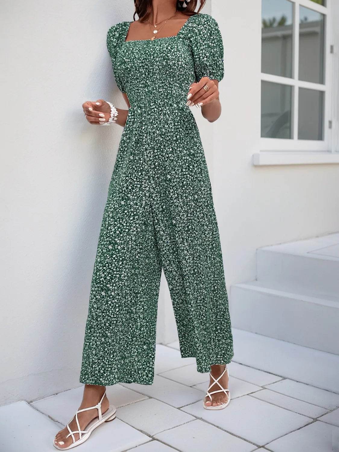 Printed Square Neck Puff Sleeve Jumpsuit - Ultim8 Designs 4 U
