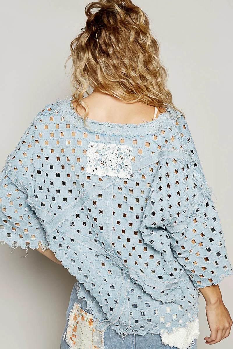 POL V-Neck Short Sleeve Top with Laser Cut Detail - Ultim8 Designs 4 U