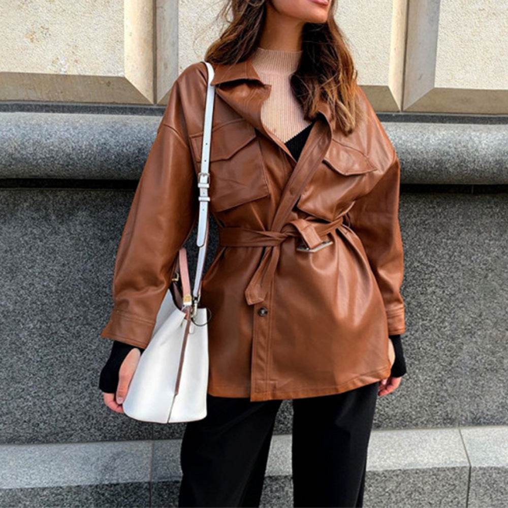 Leather jacket thinned lace waist PU leather long-sleeved dress - Ultim8 Designs 4 U
