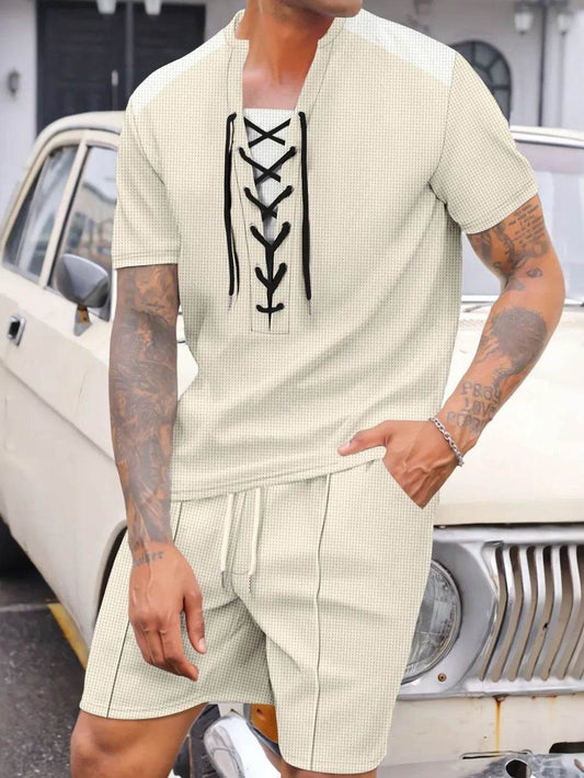 Men's Full Size Lace-Up Waffle Knit Top and Shorts Set Plus Size - Ultim8 Designs 4 U